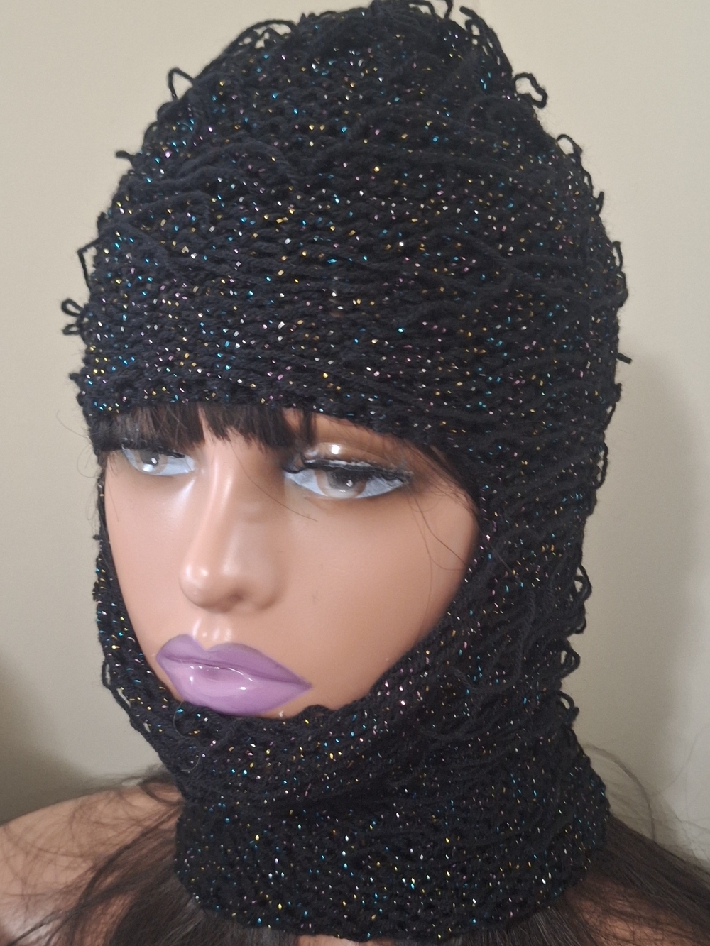 Handmade Black Glitter Balaclava Hood Sparkly Knit Ski Mask Unisex
